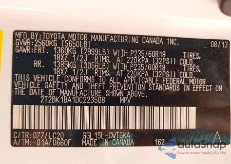 2013 Lexus Rx 350 z USA, uszkodzony, nr VIN 2T2BK1BA1DC223508